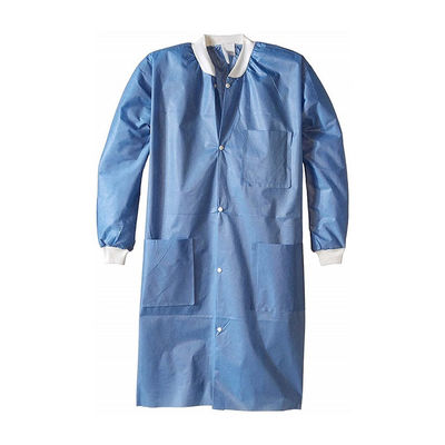 Blue Waterproof SMS Disposable Warm Up Jacket Scrubs Dengan Knitted Collar Cuff