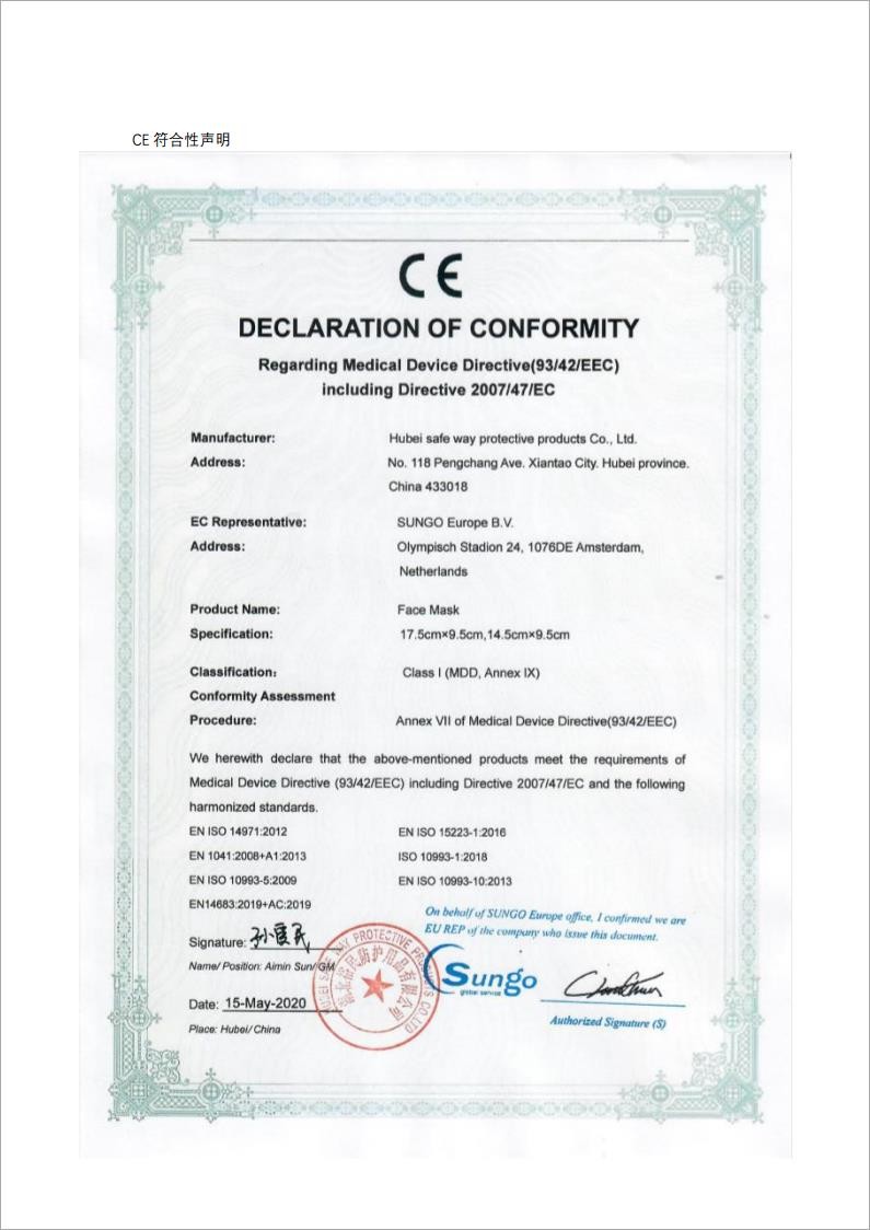 Cina HUBEI SAFETY PROTECTIVE PRODUCTS CO.,LTD(WUHAN BRANCH) Sertifikasi